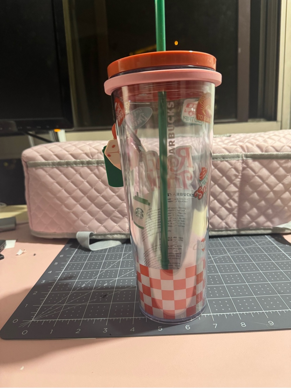 Starbucks Clear Tumbler with Pink and Coral Lid and Green Straw